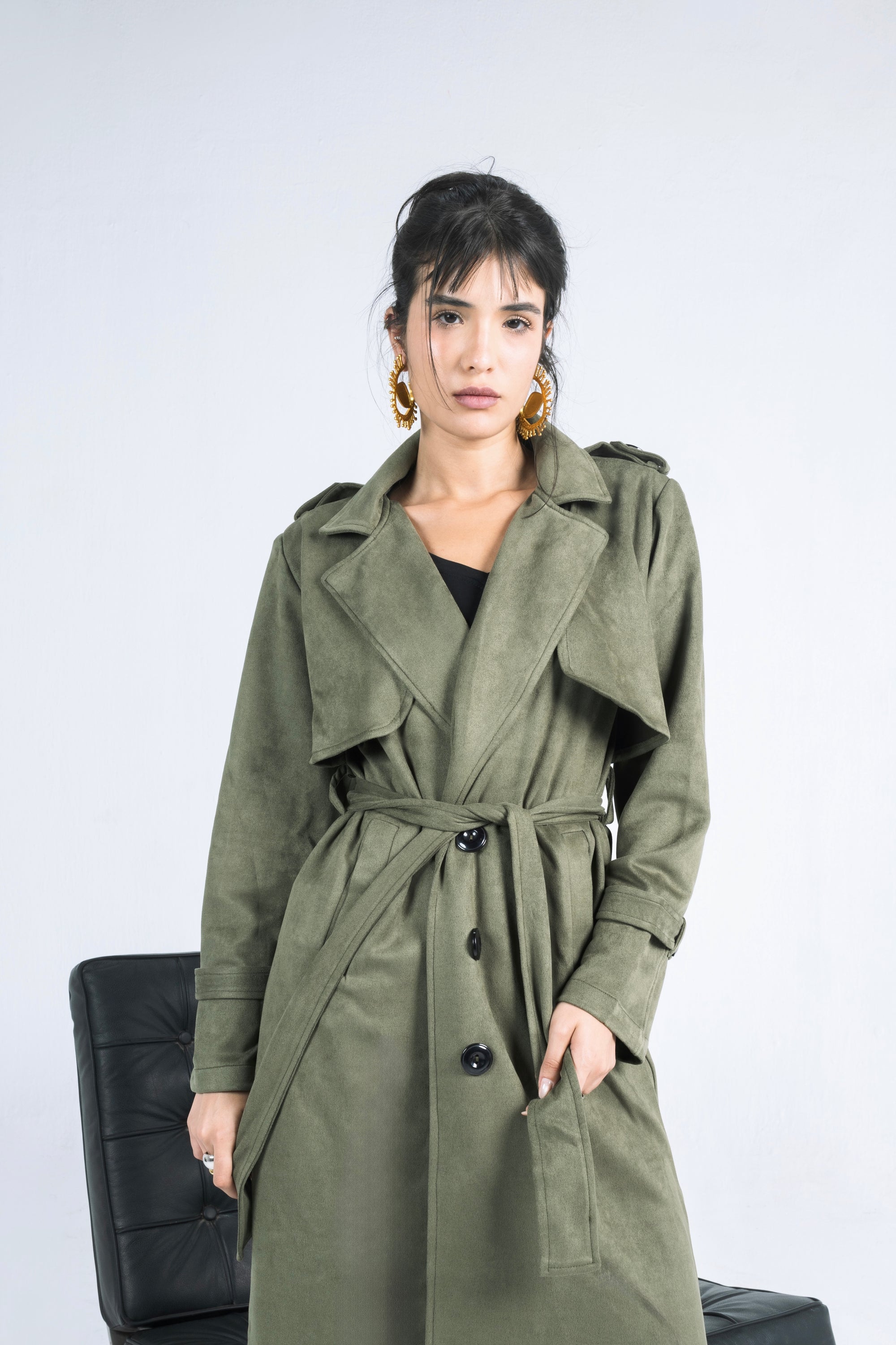Ash Suede Coat in Olive Green