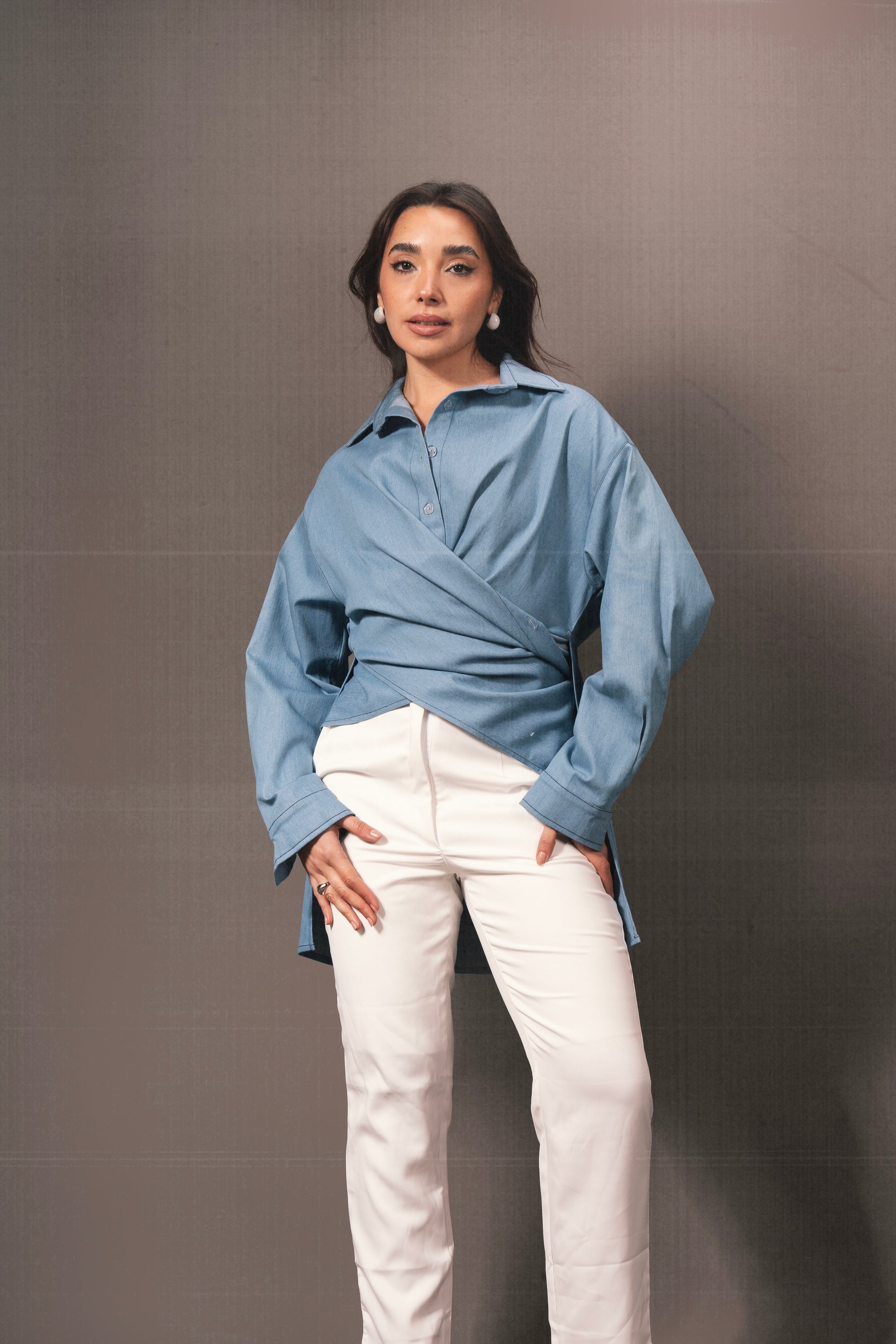 Gusty Denim Wrap Shirt in Baby Blue