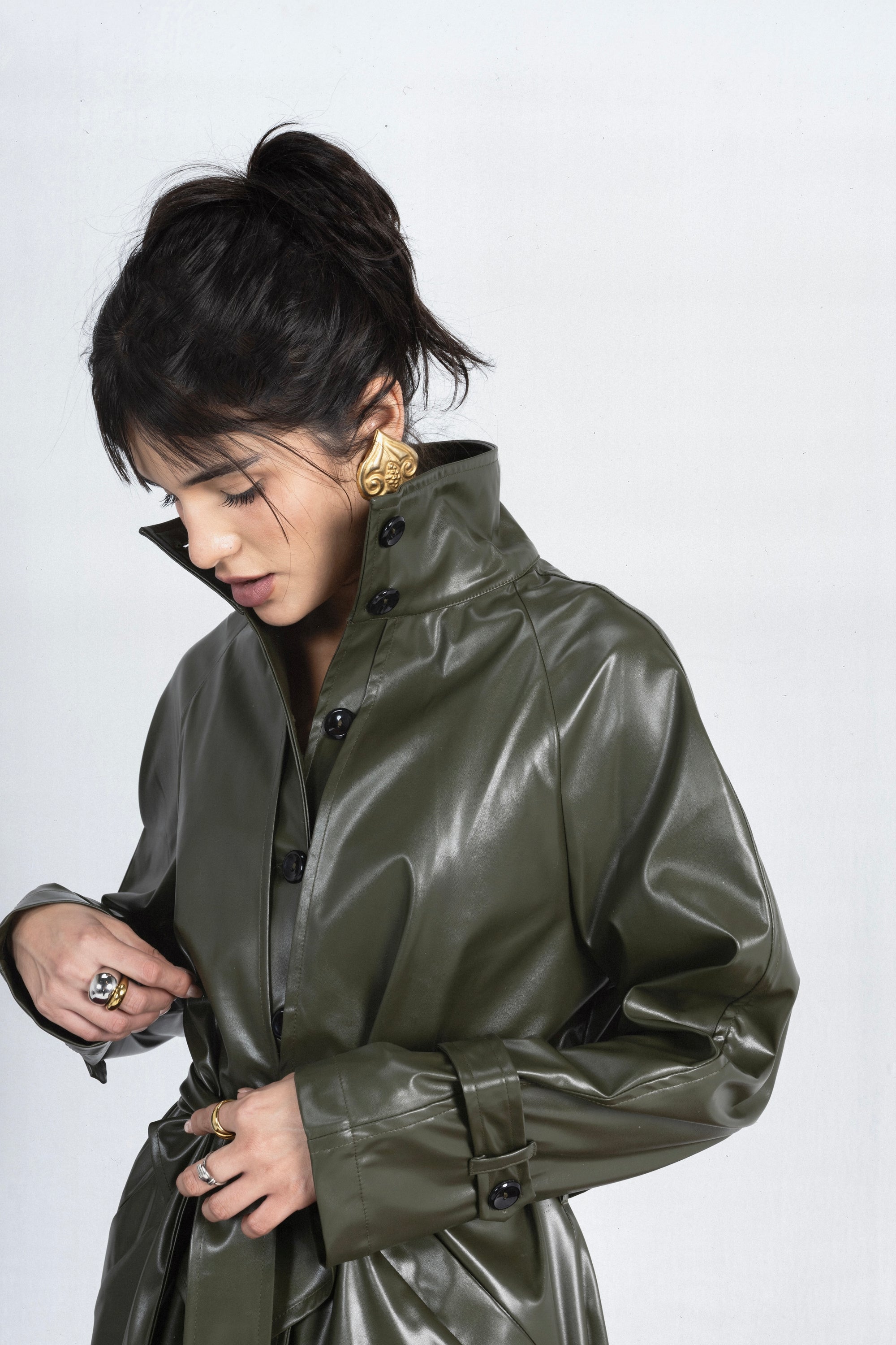 Charcoal Leather Coat in Olive Green