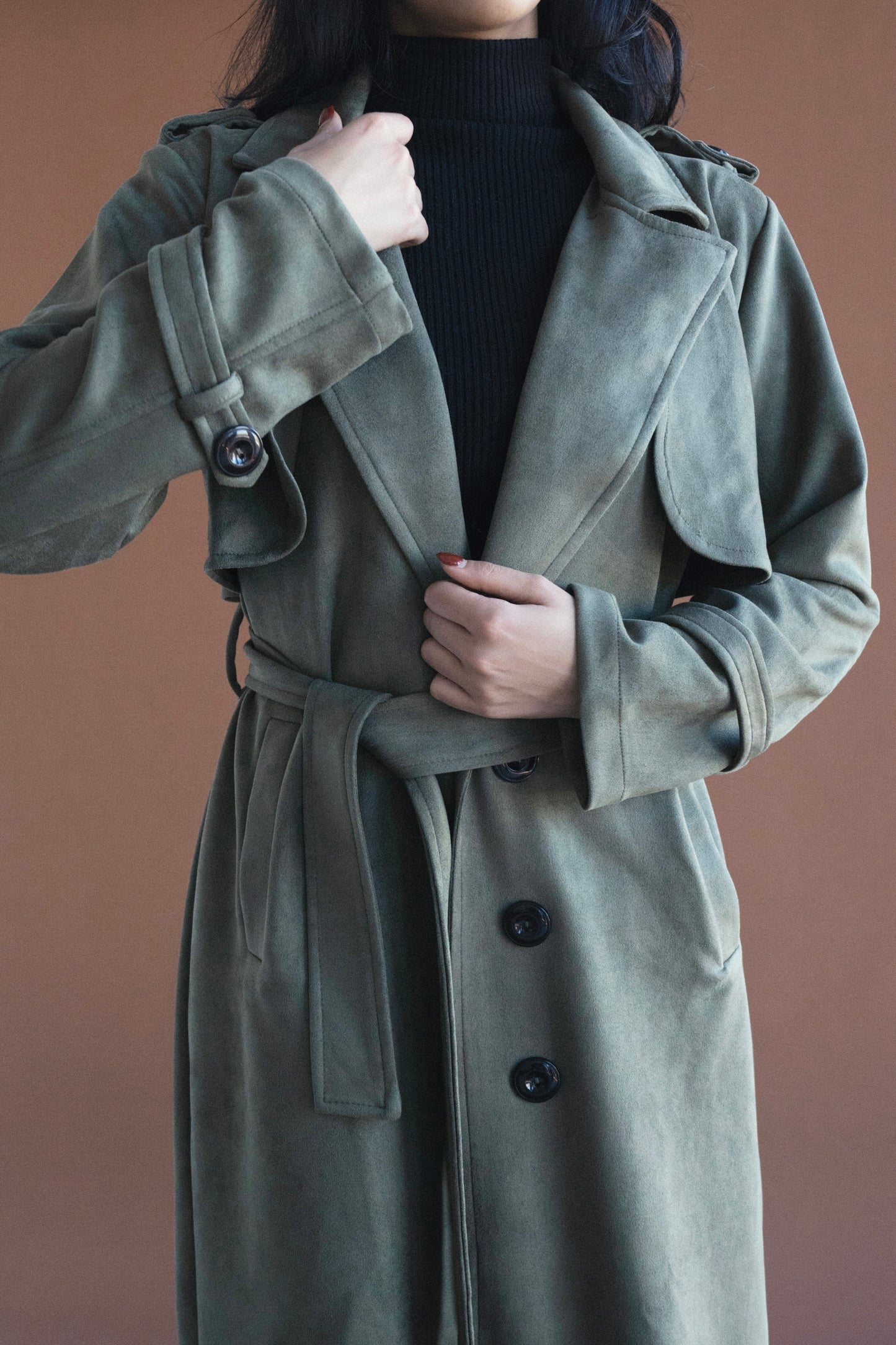 Ash Suede Coat in Olive Green