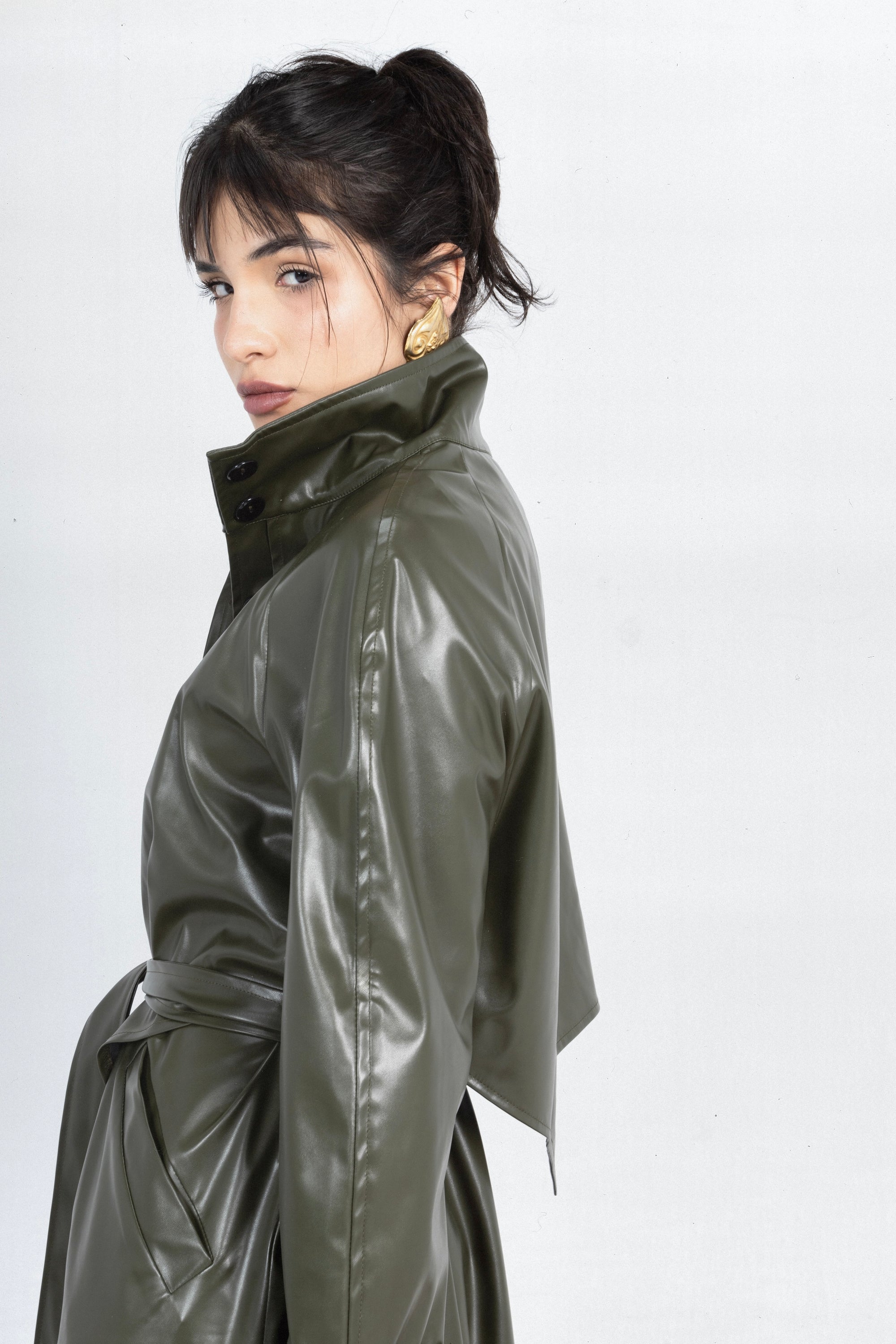 Charcoal Leather Coat in Olive Green