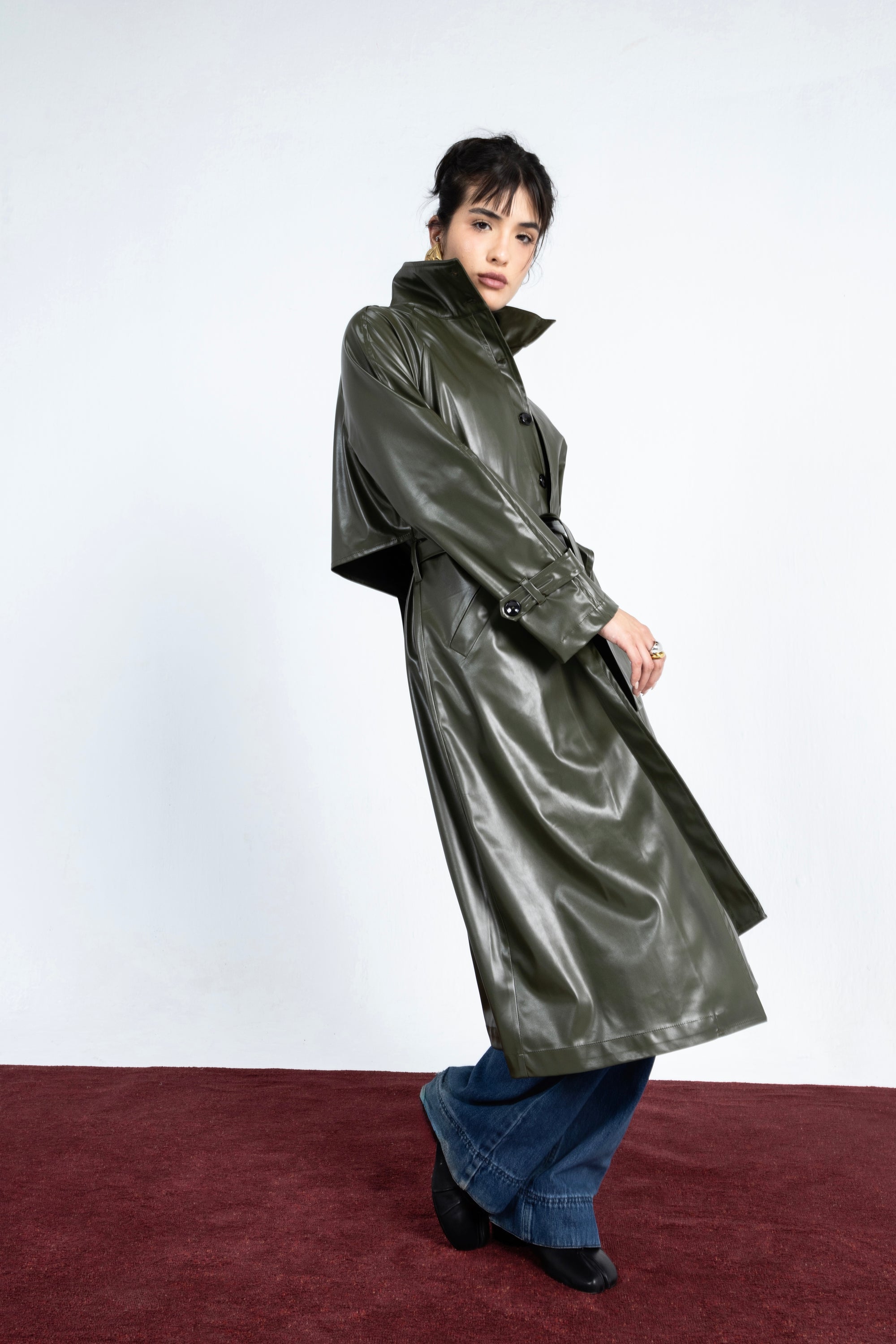 Charcoal Leather Coat in Olive Green