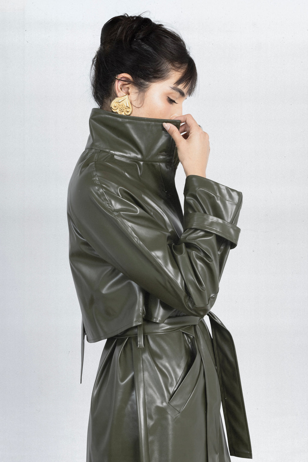Charcoal Leather Coat in Olive Green