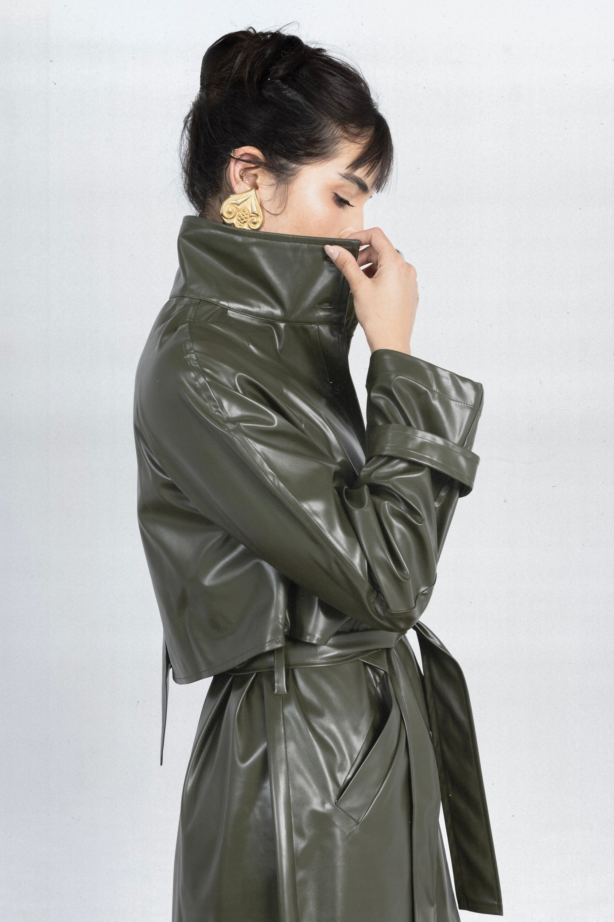 Charcoal Leather Coat in Olive Green