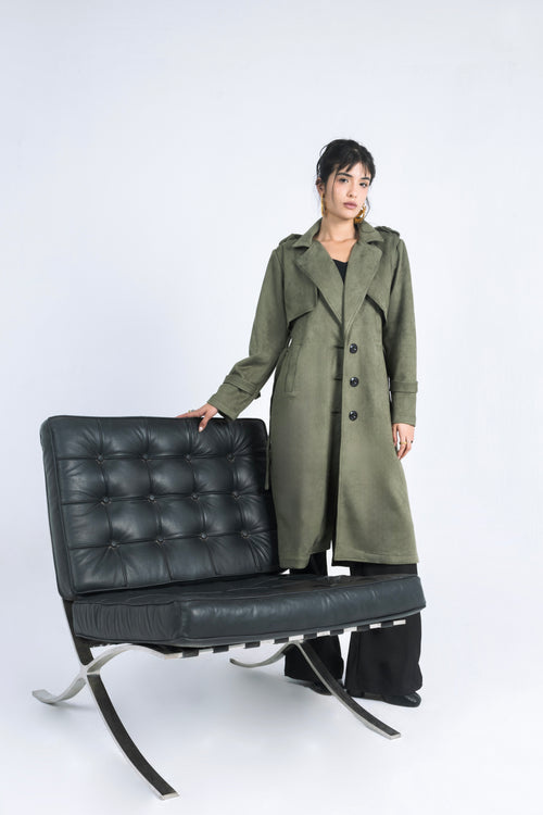 Ash Suede Coat in Olive Green